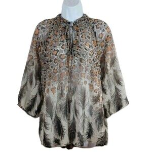 Jeans by Buffalo Sheer Keyhole Neckline Animal Print Feathers Puff Sleeve Top XL
